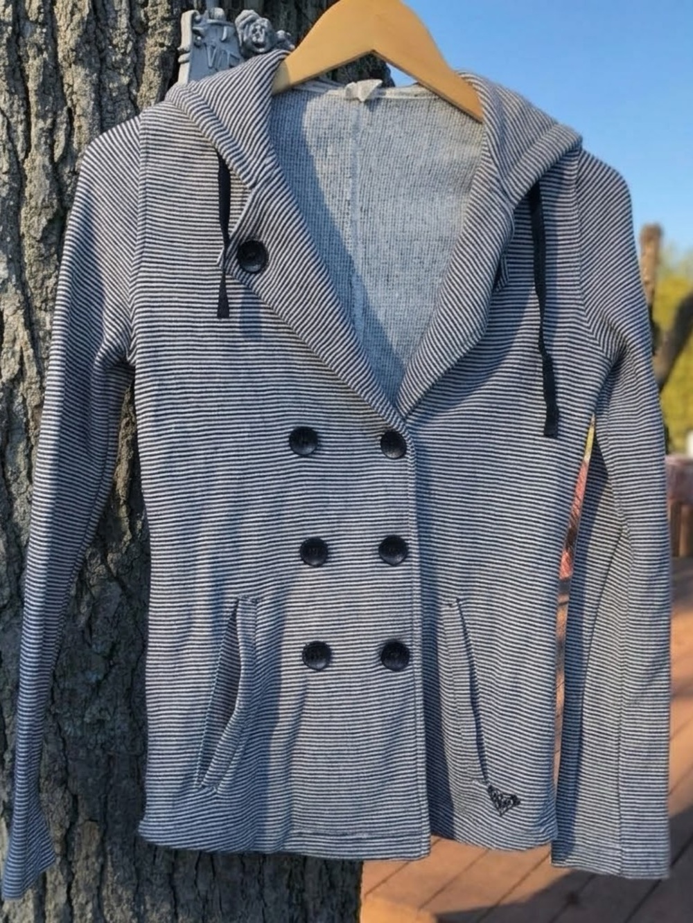 Roxy Estilo Black & White Striped Double Breasted Hooded Jacket XS